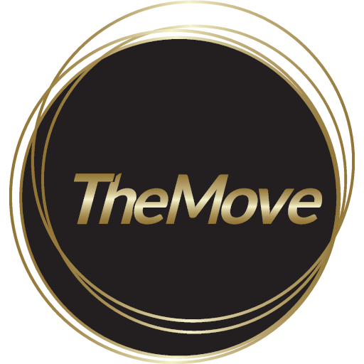 TheMove Logo: Goldener Schriftzug „TheMove“ auf einem kreisförmigen, schwarzen Hintergrund, umschlossen von dynamischen, goldfarbenen Linien.